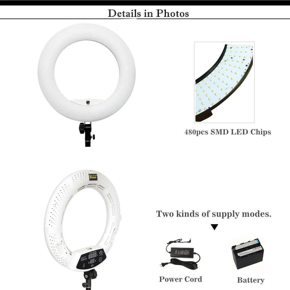 Ring Light Professional 18inch with Tripod 3200K-5500K Bi-color Yidoblo FD480 for Makeup Tattoo Selfie Ring Lamp for Studio 45cm
