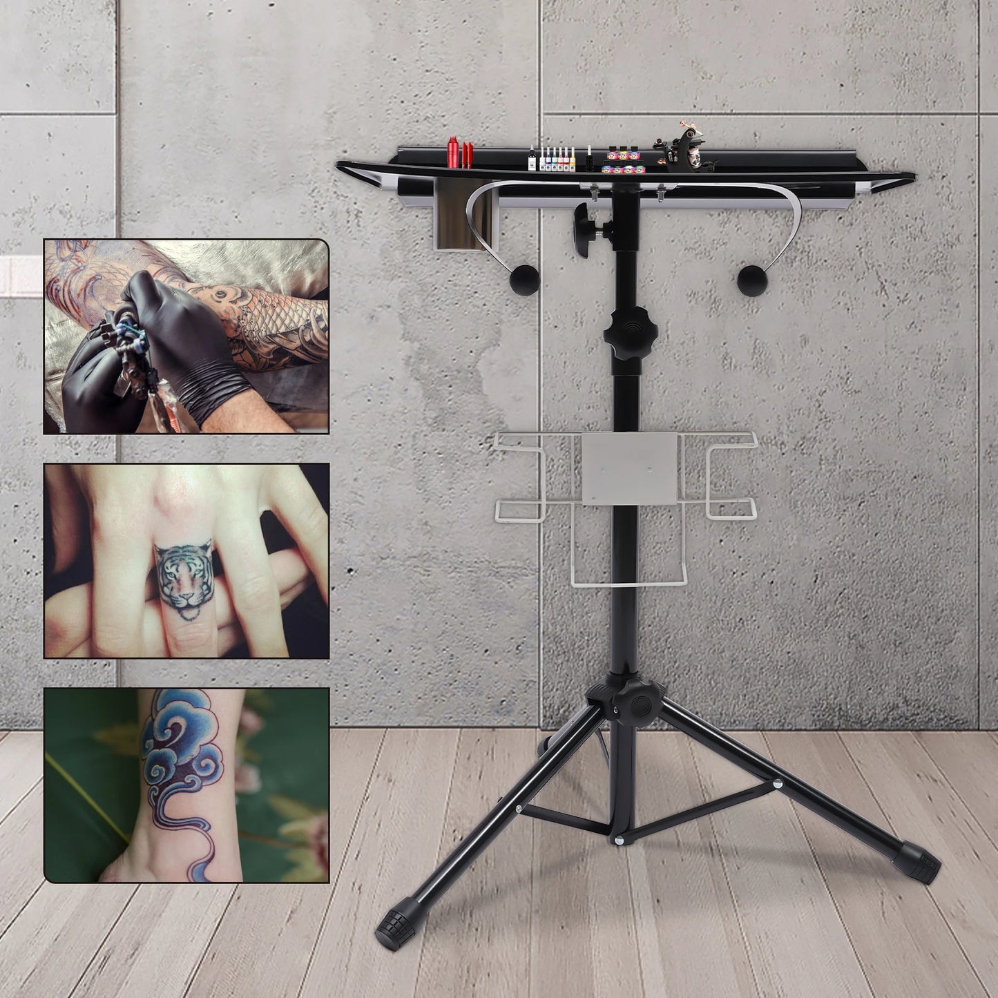 Portable Tattoo Workbench Stand Black Free-standing Tattoo Workstation Adjustable Height Tattoo Table for Beginners